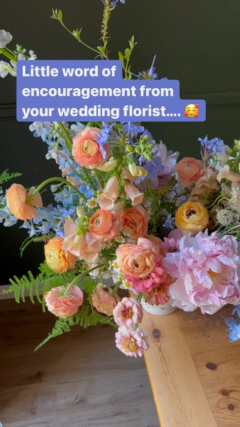 Rainbow Floral Centerpieces, Salmon Bruschetta, Bruschetta Appetizers, Lavender And Peach, Blush Design, Peach Ranunculus, Flower Varieties, Blue Delphinium, Garden Party Wedding