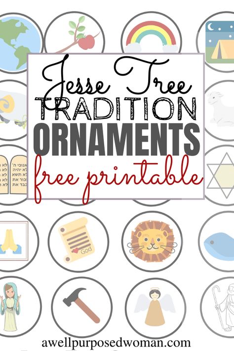 Do you want to make a meaningful and Christ- centered tradition with your children? Making a Jesse Tree Ornament DIY is a wonderful tradition start. 24 ornaments that tell the story of God's salvation from creation to the cross. Children look forward to hanging an ornament on the tree each morning. Use the Jesse Tree Ornaments DIY Free Printable with your advent calendar! Jesse Tree Ornaments Diy, Jesse Tree Printable Ornaments, Jesse Tree Printables, Jessie Tree Ornaments, Jesse Tree Symbols, Jessie Tree, Tree Ornaments Diy, Jesse Tree Advent, Jesse Tree Ornaments