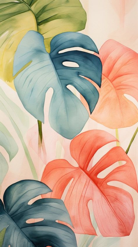 Summer monstera abstract plant leaf. | Free Photo Illustration - rawpixel Watercolor Monstera Leaf, Tropical Flower Art, Monstera Plant Illustration, Leaf Wallpaper Aesthetic, Monstera Plant Wallpaper, Anthurium Drawing, Monstera Leaf Painting, Monstera Wallpaper, Monstera Watercolor