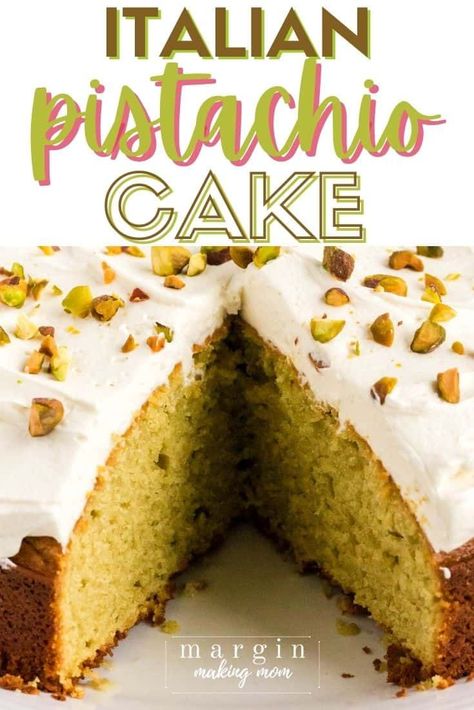 This easy pistachio cake is made from scratch using pistachio paste instead of pudding mix! It's an authentic flavor, but so easy to make. It's topped with Italian mascarpone frosting, which is dreamy, creamy perfection! Italian Pistachio Cake Recipe, Pistachio Cake Italian, Easy Pistachio Cupcakes, Pistachio Cake From Scratch, Recipes With Pistachio Paste, Sicilian Pistachio Cake, Italian Pistachio Cake, Pistachio Paste Desserts, Pistachio Cake Recipe From Scratch