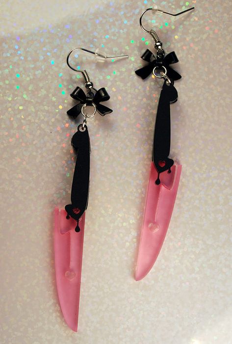 Knives to Meet you Knife Earrings Laser Cut Acrylic with Bow Hypoallergenic Knife Jewelry, Knife Earrings, Goth Outfit, Look Retro, Funky Earrings, Laser Cut Acrylic, Funky Jewelry, Welding Projects, Knife Making