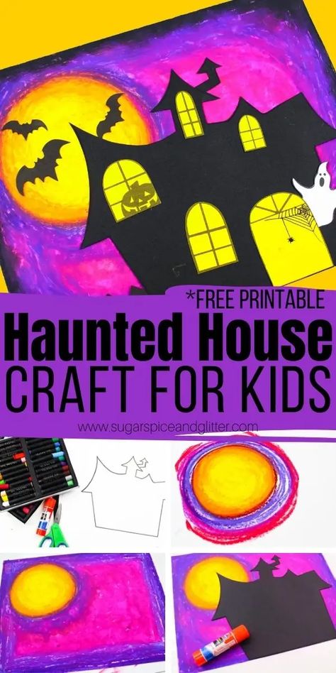 How to make a haunted house craft for kids with a pretty oil pastel night sky - a great first oil pastels art project for kids! Plus tips on how to contain the mess, clean any oil pastel stains, and a free printable haunted house template Build A Haunted House Craft, Haunted House Drawing For Kids, Oil Pastel Art Halloween, Printable Haunted House Template, Free Haunted House Printable, Haunted House Art For Kids, How To Draw A Haunted House, Halloween Oil Pastel Art, Haunted House Template Free Printable