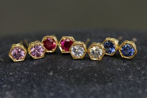 22K Recycled Gold Hexagonal Bezel Set Posts with Ethically Sourced Pink Sapphires, Rubies, White Sapphires and Blue Sapphires // #CWwishlist #handmadejewelry #recycledmetal #fairtradestones #ethicallysourceddiamonds #cathywaterman #earring #wedding #diamond #gold #22K Second Stud, Cathy Waterman Jewelry, Indian Jewelry Earrings, Wedding Diamond, Earring Wedding, Cathy Waterman, Colored Stone, Daisy Earrings, Gold Earrings Designs