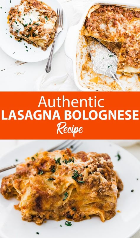 Authentic Classic Lasagna Bolognese Recipe - If you're looking to get a lasagna recipe straight from Italy, then this version is exactly that.  It is loaded with homemade lasagna noodles, bolognese sauce, béchamel sauce, mozzarella and Parmesan for an unbelievable flavor. Authentic Lasagna Recipe, Authentic Lasagna, Lasagna Bolognese Recipe, Authentic Italian Lasagna, Bolognese Lasagna, Easy Lasagna Recipe With Ricotta, Homemade Lasagna Noodles, Authentic Bolognese, Lasagna Recipe Easy