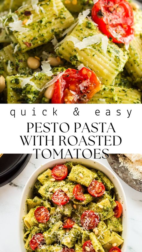 This delicious Pesto Pasta with Roasted Tomatoes features vibrant basil pesto and juicy roasted cherry tomatoes for a delightful combination of flavors – a quick and flavorful dinner option ready in under 20 minutes. Transform your weeknight meals with this easy pasta dinner! Pasta With Roasted Tomatoes, Roasted Tomato Recipes, Basil Pasta Salad, Easy Pesto Pasta, Basil Pesto Pasta, Roasted Tomato Pasta, Tomato Pasta Recipe, Cherry Tomato Recipes, Flavorful Dinner