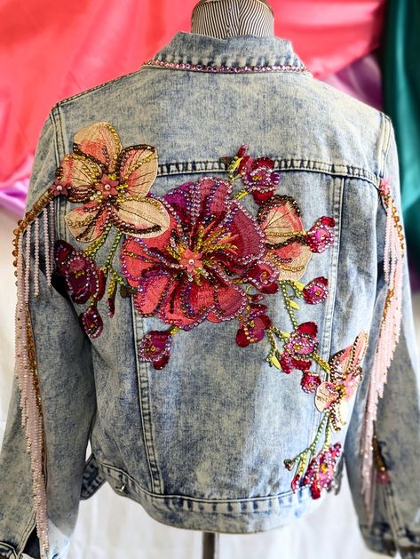 One Of A Kind Embellished Denim Jacket  -Size XS -Denim  -Studs -Rhinestones  -3D Embellished -Sweet Denim Jacket Upcycle Ideas, Embellished Jacket Diy, Distressed Denim Jacket Diy, Painting Denim Jacket, Jean Hacks, Jean Jacket Art, Painting Denim, Rhinestone Denim Jacket, Denim Jacket Embroidery