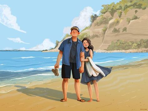 Beach Dates, Anime Sweet Couple, Painting Love Couple, Love Cartoon Couple, Beach Couple, Beach Illustration, Illustration Portrait, With My Love, Romantic Anime Couples