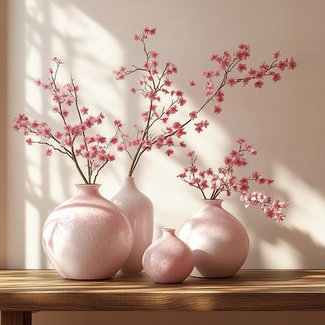 Infuse your home with the delicate beauty of spring using cherry blossom decor. Soft pink hues, traditional Asian vases, and minimalist furniture create a fresh and harmonious atmosphere perfect for the season. #CherryBlossomDecor #SpringDecor #AsianInspired #HomeElegance Cherry Blossom Salon Decor, Cherry Blossom Office, Japanese Cherry Blossom Room Decor, Cherry Blossom Bathroom Decor Ideas, Cherry Blossom House Decor, Cherry Blossom In Vase, Japanese Zen Living Room, Cherry Blossom Room Decor, Sakura Decor