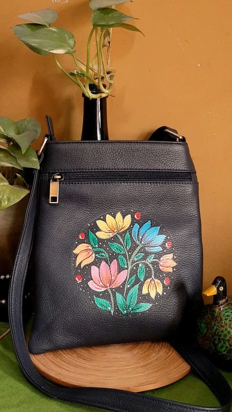 Handpainted Pure Leather bag. For queries contact 9874319973 Leather Bag Painting Ideas, Painting On Leather Bags, Purse Painting, Hand Painted Bags Handbags, Tray Painting, Painted Purses, Hand Painted Leather Bag, Fabric Paint Shirt, Diy Embroidery Projects