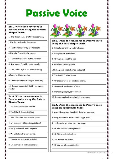 Passive Voice exercises - English ESL Worksheets for distance learning and physical classrooms Passive Voice Exercises, Passive Voice Worksheet, Voice Exercises, Efl Teaching, Active And Passive Voice, English Grammar Exercises, Passive Voice, Active Passive, Active Voice