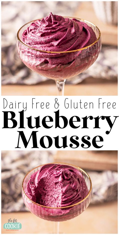 Create an easy and stunning dessert with our recipe for Blueberry Mousse. Our recipe is super simple to make (just 15 minutes to make excluding chill time), plus it's dairy free, vegan, and gluten free. | thefitcookie.com Milk Free Desserts Easy, Gluten Free Dairy Free Fruit Dessert, Dessert Recipes Lactose Free, Gluten Free Mousse Cake, Gluten Free Berry Desserts, Dairy Free Blueberry Dessert, Dairy Free Mousse Recipes, Blueberry Vegan Recipes, Vegan Mousse Recipes