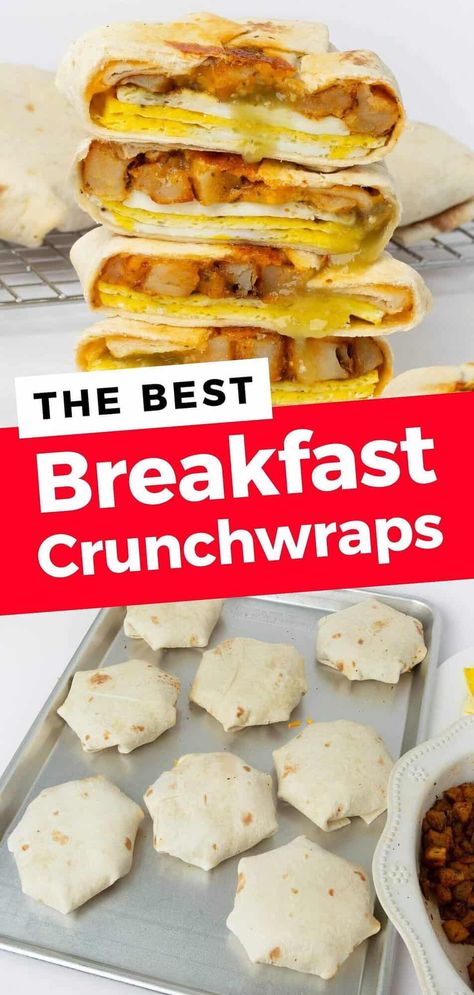 Skip the drive-thru and enjoy this homemade version of the Taco Bell Breakfast Crunchwrap right at home! Crispy breakfast potatoes, fluffy eggs, and a layer of melty cheese wrapped in a soft tortilla and baked to toasty perfection. Breakfast Tortilla Wraps, Taco Bell Breakfast, Potato And Egg Breakfast, Breakfast Crunchwrap, Roasted Breakfast Potatoes, Crispy Breakfast Potatoes, Breakfast Tortilla, Breakfast Slider, Fluffy Eggs