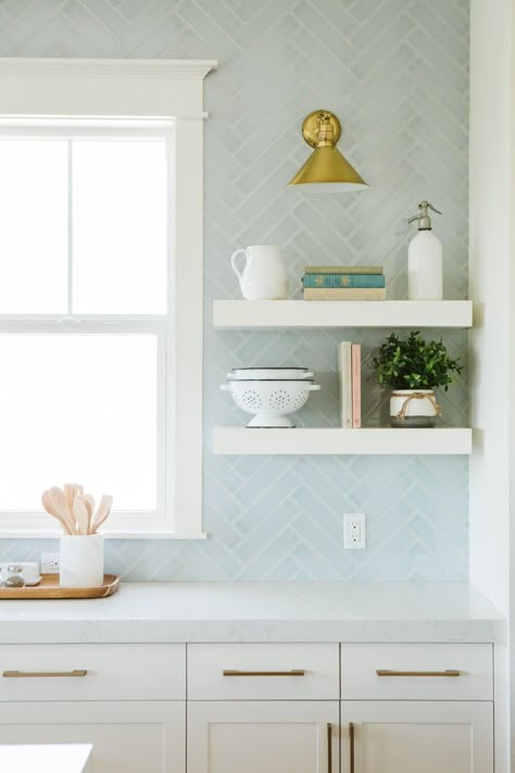 light blue glass tile with white open shelves in a kitchen Light Blue Backsplash, Blue Backsplash Kitchen, Modern Coastal Kitchen, Blue Kitchen Tiles, Mantel Styling, Light Blue Kitchens, Blue Backsplash, Beach House Kitchens, Kitchen Mood Board