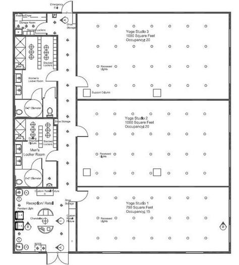 Picture Dance Studio Layout Plan, Yoga Studio Flooring, Dance Studio Floor Plans, Yoga Studio Layout, Yoga Studio Floor Plan, Dance Studio Layout, Reception Storage, Yoga Center Design, Dance Studio Floor