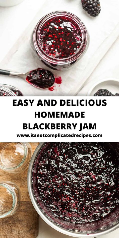 You will love this classic recipe for Blackberry Jam, made with ripe, aromatic berries at the height of their season. This is the ultimate way to preserve blackberries so that they can be enjoyed throughout the coming months. All you need are three ingredients to make this delicious jam: blackberries, sugar and lemon juice – no pectin is required. Preserve Blackberries, Blackberry Jam Recipe Easy, Blackberry Preserves Recipe, Blackberry Jam No Pectin, Blackberry Desserts, Blackberry Jelly Recipe, Blackberry Freezer Jam, Preserve Recipes, Blackberry Jam Recipe