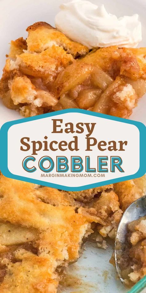 You'll love this pear cobbler recipe! It's the perfect way to use up fresh pears, and the result is a perfectly sweet and lightly spiced dessert your family will love. Made with self-rising flour and other simple ingredients, it's delicious served warm with ice cream or whipped cream. Easy Pear Cobbler, Pear Cobbler Recipe, Pear Recipes Easy, Pear Desserts, Pear Cobbler, Pear Dessert Recipes, Cobbler Recipes Easy, Canned Pears, Pear Dessert