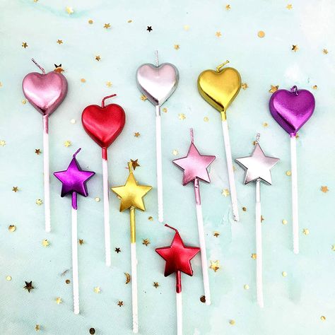 PRICES MAY VARY. 🎉【Colorful & Happy】: Total length: 9.8 cm/3.85 inches, star width: 2.8 cm/1.10 inches, height: 2.8 cm/1.10 inches. Heart-shaped width: 2.7 cm/1.06 inches, height: 2.7 cm/1.06 inches. for 7 minutes 🎂【Heart & Star Shaped Birthday Candles】: 10 Cute Heart-Shaped and Star-Shaped Birthday Candles Cake Candle- for Party, Wedding and Cake Decoration Supplies. Colors: gold, silver, red, gold rose , purplee 🎉【Safe & Durable】: Made of safe material, high-quality and durable, it can be u Multi Color Cake, Sparkling Candle, Specialty Candles, Heart Shaped Candles, Star Birthday, Candle Topper, Cake Candle, Happy Birthday Candles, Advent Candles