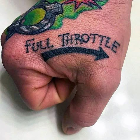 Full Throttle Biker Hand Tattoos For Guys Creative Sleeve Tattoos, Traditional Tattoo Sleeves, Herren Hand Tattoos, Harley Tattoos, Biker Tattoo, Hand Tattoo Ideas, Inner Forearm Tattoo, Motorcycle Tattoos, Biker Tattoos