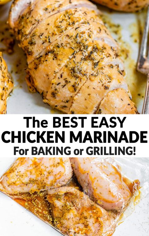 How to make the best EASY chicken marinade. This chicken marinade is perfect for grilling and baking. You can use it for chicken breasts, chicken thighs, or chicken tenders. Healthy, simple, and makes JUICY, tender, flavorful chicken every time. Chicken Marinade For Baking, Baked Chicken Marinade, Chicken Breast Marinade Recipes, Chicken Breast Marinade, Best Chicken Marinade, Easy Chicken Marinade, Bbq Burger, Marinating Chicken Breast, Chicken Marinade Recipes