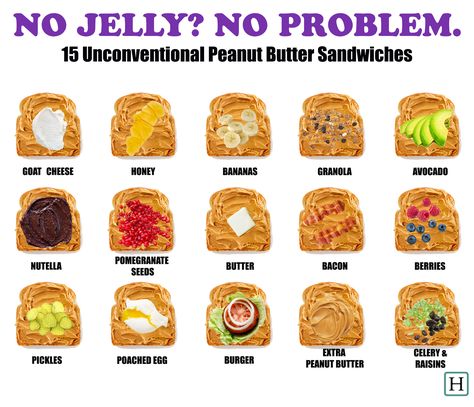 No jelly? No problem! Try these unconventional upgrades for your PB&J Peanut Butter Food Recipes, What Goes Good With Peanut Butter, Healthy Peanut Butter Sandwich, Peanut Butter Food Ideas, Sandwich With Peanut Butter, Foods With Peanut Butter, What To Eat With Peanut Butter, Things To Eat With Peanut Butter, Peanut Butter And Jelly Sandwich Ideas