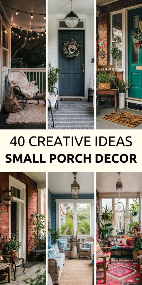 Discover a variety of small porch decorating ideas and tips for a stunning small porch makeover. Perfect for mobile homes, summer porch decor, and cozy small front porch designs. Explore DIY porch decor, front porch furniture, seating, and stoop decor to transform your space. Get inspired with small cabin porch ideas and create a welcoming retreat. Small Porch Layout, Small Bungalow Porch Ideas, Small Porch Styling, Indoor Porch Ideas Entrance, Small Porch Renovation, Small Open Front Porch Ideas, Small Covered Porch Ideas Front Entry, Front Porch Designs Ideas, Small Front Porch Sitting Area