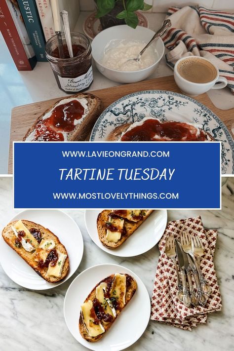 Graphic that says Tartine Tuesday with tartines on plates. French Eating Habits, French Tartine, French Breakfast Ideas, Parisian Diet, French Philosophy, French Breakfast, French Aesthetic, French Lifestyle, French People