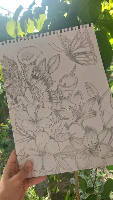 Flowers butterflies pencil drawing sketch Flower Drawing With Butterfly, Flowers Butterfly Drawing, Butterflies On Flowers Drawing, Nature Composition Drawing, Butterfly Bush Drawing, Flowers And Butterfly Drawing, Cool Art Drawings Sketches Simple, Flower Wall Drawing, Things To Draw Butterfly