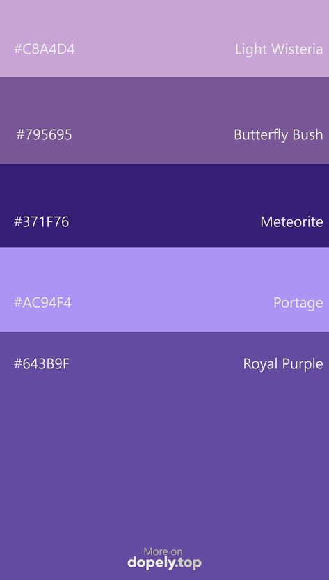 Color Palette inspiration with these hex codes: #C8A4D4 #795695 #371F76 #AC94F4 #643B9F #dopely #colorpalette #purple Purple Pallete Color Code, Purple Color Palette Canva, Goodnotes Color Palette Purple, Purple Hex Codes Colour Palettes, Pastel Color Palette Purple, Cool Purple Color Palette, Color Palette For Purple, Purple Colour Palette Hex Codes, Canva Purple Palette