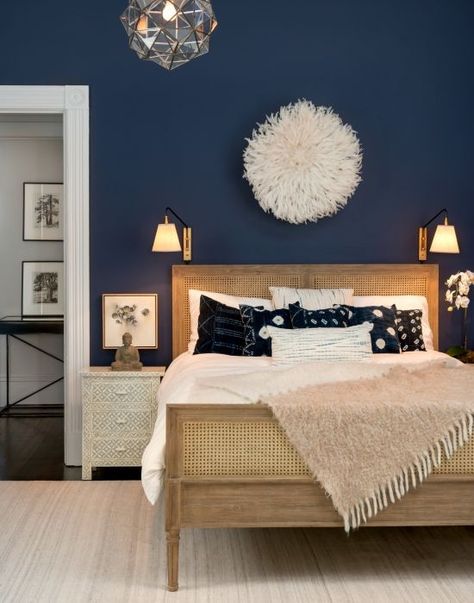 From rich navy to soft gray, these are the colors @theexchange says will be trending in home design during 2017. Deco Rumah, Dark Blue Paint Color, Navy Bedrooms, Blue Bedroom Walls, Blue Bedroom Design, Blue Bedroom Decor, Bilik Tidur, Romantic Bedroom, Versace Home