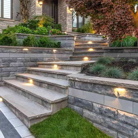 Driveway project with U-Cara retaining walls | Unilock Front Porch Stone, Front Door Steps, Front Porch Steps, Landscape Stairs, Front Stairs, Walkway Landscaping, Patio Steps, Landscaping Retaining Walls, Garden Stairs