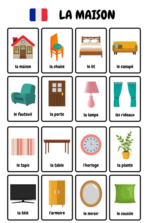 French House / la Maison Vocabulary on 56 French Flashcards for French Teachers and Students with fun pictures and three different templates to choose from. French alone, French with English translation, or French double-sided flashcards. Tons of fun for all ages! Language Learning Games, French Language Learning Kids, House Vocabulary, French Lessons For Beginners, French Language Basics, Learning French For Kids, French Basics, French Flashcards, Study French