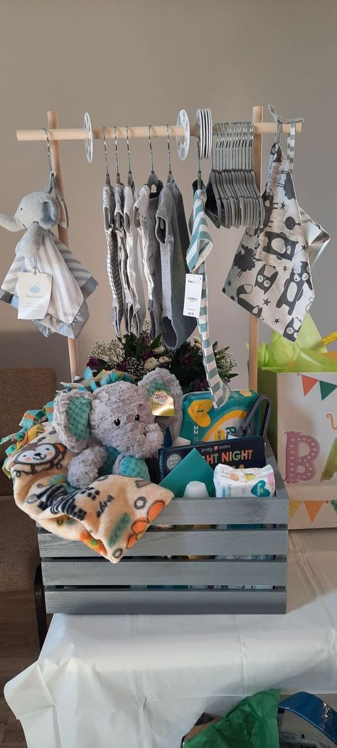 Baby Shower Gifts Boy Basket, Godbaby Gifts, Baby Basket Gift Ideas Boy, Baby Shower Basket Gift Ideas Boy, Baby Shower Hanging Clothes Gift Ideas, Baby Boy Gift Basket Ideas, Baby Shower Gift Ideas For Boys, Baby Boy Shower Gift Ideas, Baby Shower Boy Gifts