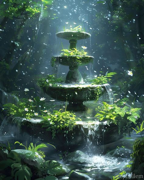 Fantasy Fountain Concept Art, Forest Kingdom Fantasy Art, Fantasy World Aesthetic Forest, Forest Palace Fantasy Art, Green Forest Fantasy Art, Magic Places Fantasy Dreams, Fairytale Aesthetic, Spring Forest, Mystical Forest