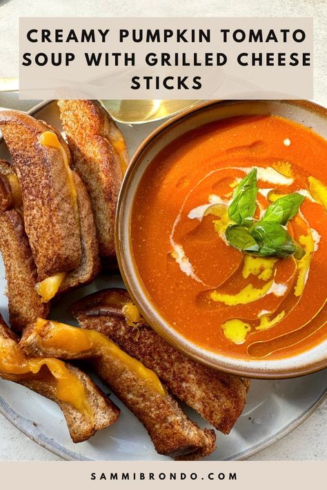 If you’re like me and know that tomato soup and grilled cheese just go together, you’ve got to try this version. It’s elevated, but also so simple to make. The perfect beginning of fall meal is grilled cheese and tomato soup. I’ll go down on that hill! You’re phasing out summery tomatoes by adding them to a warm, comforting soup. And then pairing delicious grilled cheese with it. There’s nothing better. This version takes the classic up a notch, but couldn’t be easier to make. Veggie Grilled Cheese, Grilled Cheese Sticks, Tomato Soup With Grilled Cheese, Pumpkin Soup Recipe Easy, Soup With Grilled Cheese, Tomato Soup Grilled Cheese, Soup And Grilled Cheese, Grilled Cheese And Tomato Soup, Creamy Broccoli Cheddar Soup