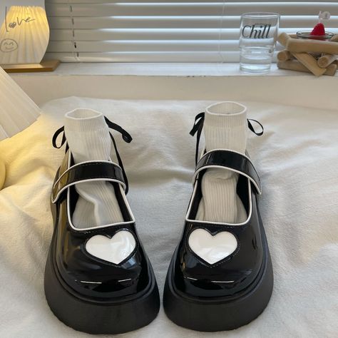 Love Heart Black/White Mary Jane Shoes BE1232 Inside: PUColor: black ,whiteSize: 35 36 37 38 39 White Mary Jane Shoes, Japanese Korean Fashion, Cute High Heels, Mary Jane Platform Shoes, Kawaii Shoes, Black And White Shoes, Cute Sneakers, Mary Jane Shoes Womens, Platform Mary Janes