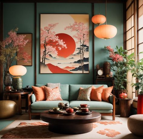 Mystical, Beautiful and Unique Japanese Wall Decor Asia Inspired Bedroom, Asian Themed Living Room Decor, Unique Interior Decor, Asian Bohemian Decor, Asian Inspired Living Rooms, House Interior Japanese Style, Japanese Inspired Apartment Decor, Asian Home Decor Ideas, Mid Century Asian Decor