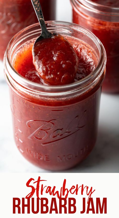 How to Make Strawberry Rhubarb Jam - You'll love our easy recipe for the best homemade jam, no pectin needed! Sweet and tangy strawberry and rhubarb jam is perfect to enjoy on toast or use in your favorite dessert recipes. Learn the secret for making the best jam, either in the freezer of using the traditional canning method. Rhubarb Jam No Pectin, Rhubarb Jam Recipes Canning, Strawberry Jam No Pectin, Raspberry Rhubarb Jam, Rhubarb Freezer Jam, Rhubarb Jelly, Jam Without Pectin, Freeze Rhubarb, Rhubarb Jam Recipes