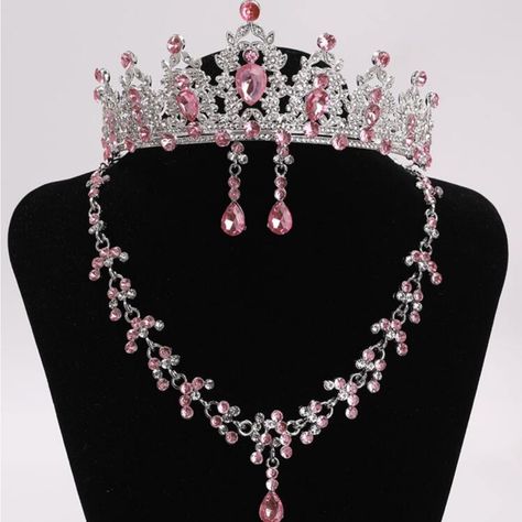 Nwt Shein 3 Piece Pink & Silver Matching Crown, Necklace & Earring Set Pink Quince Accessories, Quince Necklace, Pink Quince Theme, Fake Pearl Necklace, Shein Jewelry, Quinceanera Jewelry, Pink Quince, Cherry Necklace, Element Necklace