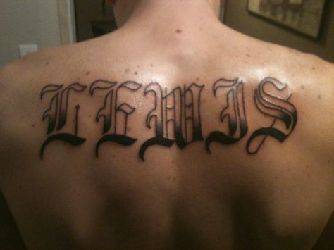 This was my son's first tattoo.. I absolutely love the old english.. Old English Back Tattoo, Upper Stomach Tattoos, Last Name Tattoo, Stomach Tattoos For Guys, Last Name Tattoos, Tattoo Chest, Font Ideas, English Font, Old English Font