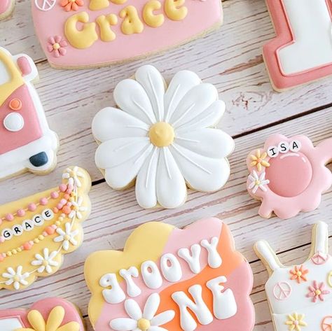 Megan Hoy on Instagram: "Groovy One ✌️ . . . . . . #cookies #sugarcookies #bradentoncustomcookies #customcookies #royalicingcookies #cookiesofinstagram #royalicing #srqlocal #monarchbakingcompany #bradentonfl #bradentoncookies #bradentondecoratedcookies #sarasota #Sarasotacookies #icedcookies #cookiedecorating #cookiedecorator #decoratedsugarcookies #designercookies #annamariaislandcookies #sugarart #edibleart #annamariaislandflorida #smallbuisness #cookieart #srqlocal #bradentonlocal #avengers Groovy Cookies, Avengers Cookies, Groovy One, Cookie Business, Friendship Necklace, First Birthday Party Themes, First Birthday Themes, Baking Company, Cookie Inspiration