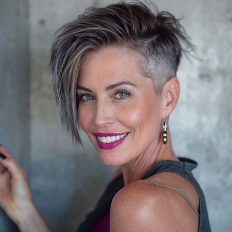 magnific tB9Fug8cJYG7RLIVLNfR Asymmetrical Undercut Grey Hair With Undercut, Short Assymetrical Hair Undercut, Short Asymmetrical Haircut Round Faces, Short Pixie Grey Hair, Asymmetrical Undercut Pixie, 360 Undercut Women, Short Hairstyle Women Undercut, Half Shaved Hair Long, Grey Hair Undercut