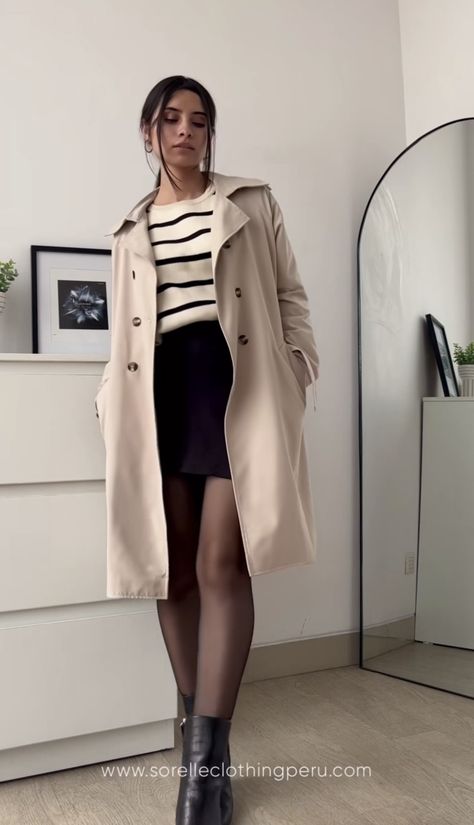 Trench Coat With Mini Skirt, Trench Coat Skirt Outfit, Trench Coat And Skirt Outfit, Beige Trench Coat Outfit, Striped Sweater Outfit, White Trench Coat, Trench Coat Outfit, Beige Trench Coat, Grey Trench Coat