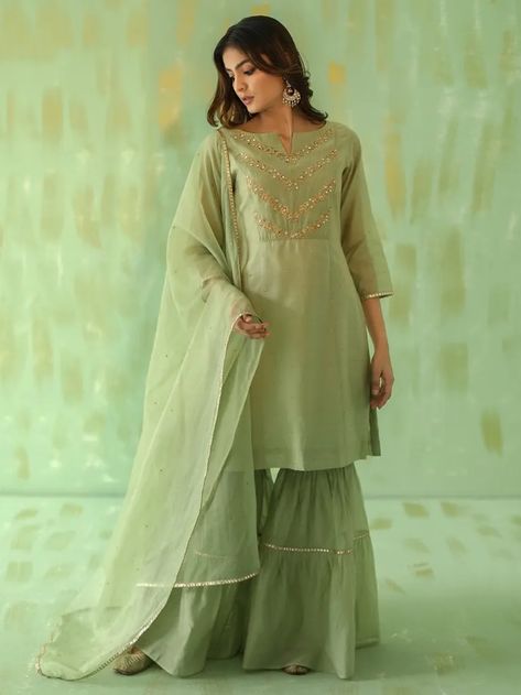 Buy Sage Green Embroidered Chanderi Gharara Suit with Organza Dupatta- Set of 3 | TABWK0403/TABI1 | The loom Gharara Suits, Wedding Saree Indian, Embroidered Border, Organza Dupatta, Pernia Pop Up Shop, Simple Trendy Outfits, Fashion App, Green Cotton, Saree Wedding