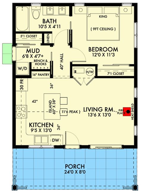 Plan 677030NWL: 1 Bed Adu With 8 Foot Deep Front Porch 672 Sq Ft One Bed One Bath House Plans, Guest Houses Small, One Bedroom Guest House Plans, 1 Bed 1 Bath Floor Plans Small Houses, 1 Bed House Plans, 1 Bed 1 Bath Floor Plan, 25x30 House Plans, Small Home Layout, Small House Design Inside