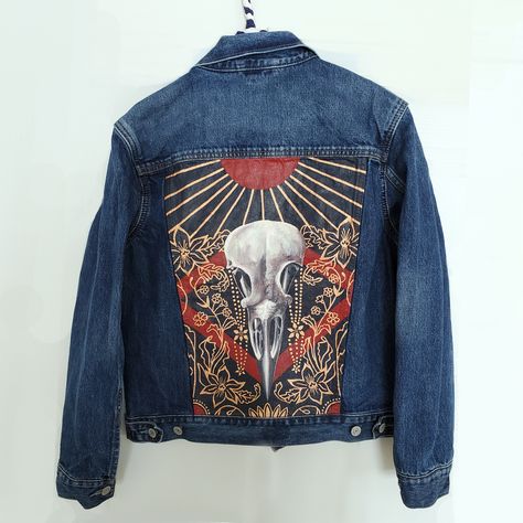 Decoration & Decay Denim Jacket | Cassol Studio Jean Jacket Design, Painted Leather Jacket, Demin Jacket, Hand Painted Denim Jacket, Upcycle Clothes Diy, Painted Denim Jacket, Painted Jacket, Painted Artwork, Painted Jeans