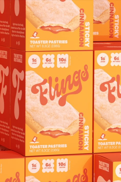 Blurr Bureau brings a burst of childlike joy to adult snacking with their packaging design for Flings, a healthier twist on the beloved toaster pastry. Crafted by food entrepreneurs Dino Vassiliou and Benjamin Outmezguine, Flings' packaging showcases its keto-friendly, gluten-free, and artificial color-free offerings and embodies the playful energy of yesteryears Cool Package Design, Gluten Free Packaging, Ready To Eat Packaging, Fun Food Packaging Design, Illustrated Food Packaging, Healthy Snack Packaging Design, Retro Packaging Design Food, Flour Package Design Branding, Kids Packaging Design