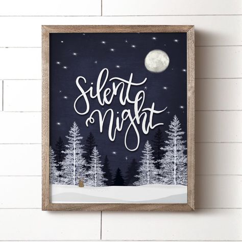 "Silent Night. Holy Night. All is calm. All is bright. This beautiful Christmas song captures the essence of the holiday season. The words \"Silent Night\" are surrounds by a dark and peaceful sky with treetops lit by the light of the moon. Perfect as a stand-alone piece or with a farmhouse gallery wall grouping. Available in 8\"x10\". Printed on acid-free, high-quality card stock and backed with heavy-gauged cardboard. Frame not included. ✔️Available in 8\"x10\" ✔️Frame and matte are not includ Christmas Tree Artwork, Christmas Chalkboard Art, Farmhouse Gallery Wall, Silent Night Holy Night, Art Christmas Tree, Christmas Artwork, Night Christmas, Christmas Chalkboard, Holiday Wall Art