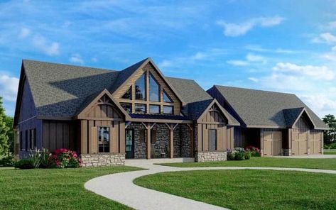 Mountain cottage house design 3 bedroom Vaulted Master Suite, Vaulted Master, Mountain House Plan, Sloping Lot House Plan, Lake Property, Open Deck, Cabin Getaway, Ranch House Exterior, House Flip