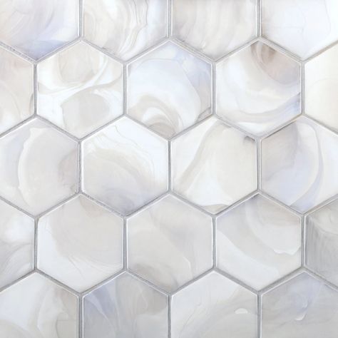 6121A Shimmer 3" Hex White Hot Glass with Thassos White Hexagon Tile Bathroom With Wallpaper, Abalone Tile Bathroom, Octagon Kitchen Backsplash, Octagon Backsplash Kitchen, Glass Tiles Backsplash Kitchen, White Hexagon Backsplash Kitchen, Octagon Tile Backsplash, Glass Bathroom Tile, Neutral Kitchen Backsplash