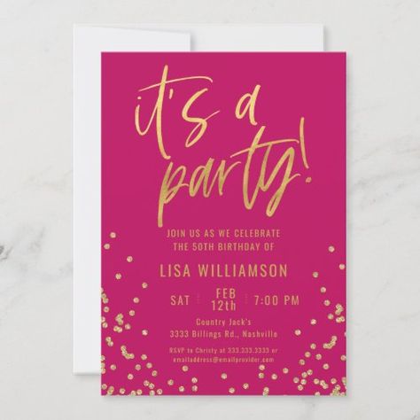 Hot Pink and Gold 50th Birthday Party for $2.65 - Birthday Invitations Birthday Party Invitations Zazzle, Hot Pink 50th Birthday Party, Hot Pink And Gold Party Ideas, Hot Pink And Gold Birthday Party, 50 Shades Of Pink Party Ideas, Pink 50th Birthday Party, Pink Party Invitations, Hot Pink Birthday Decorations, Pink Birthday Invitations